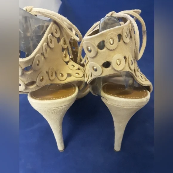 Authentic $384 Aquazzura open cut stud suede heels 7.5 - Picture 6 of 9